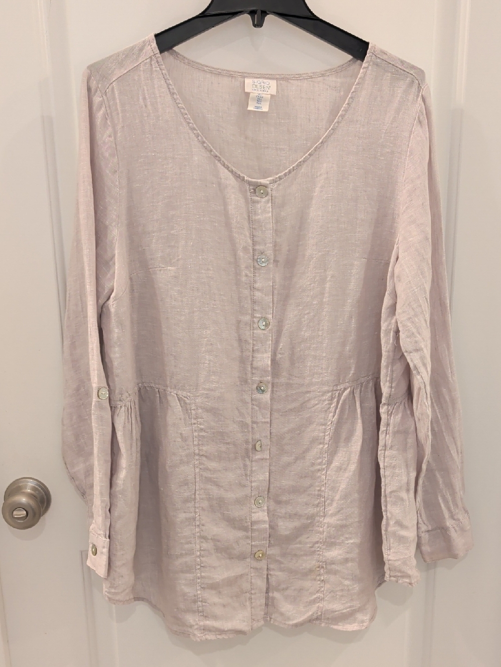 Sigrid Olsen Light Greige Linen Button-Front Blouse